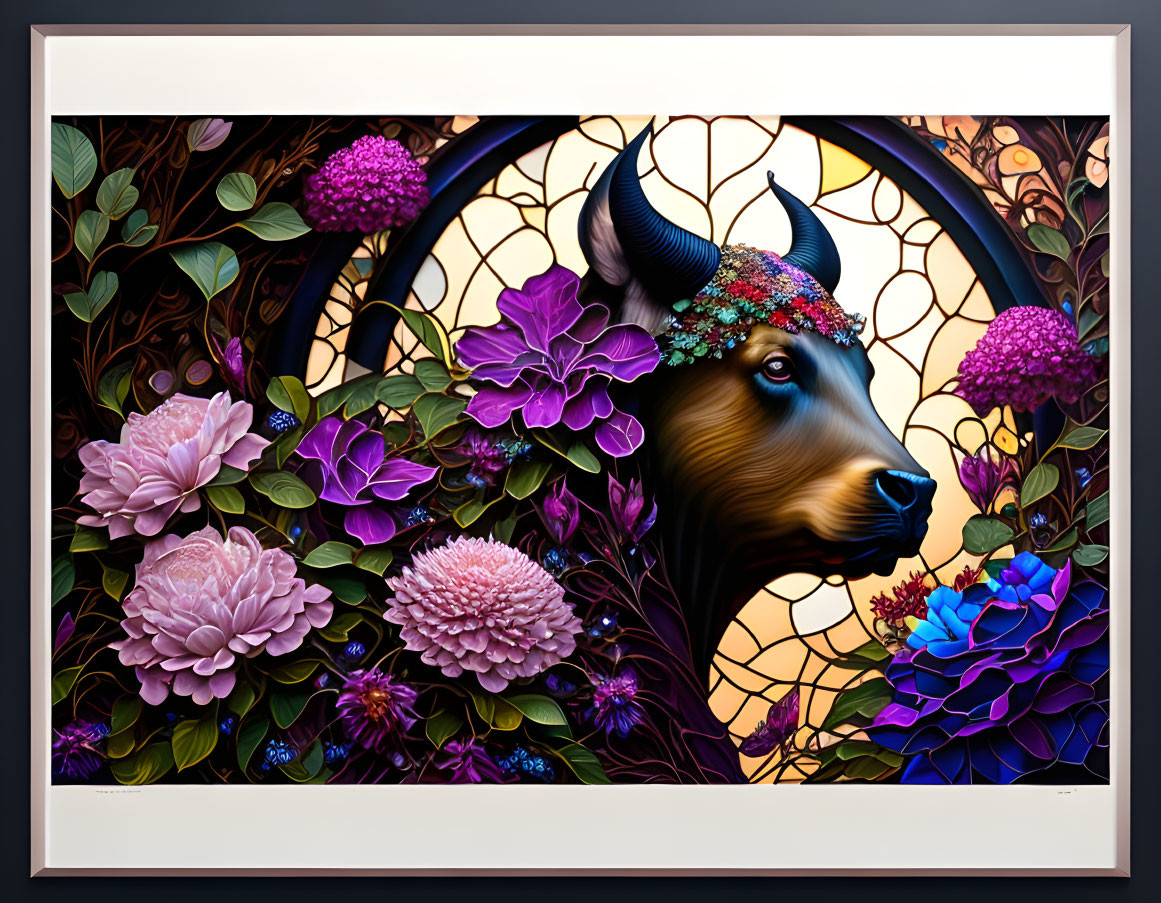 Colorful Bull's Head with Flowers on Stained Glass Background