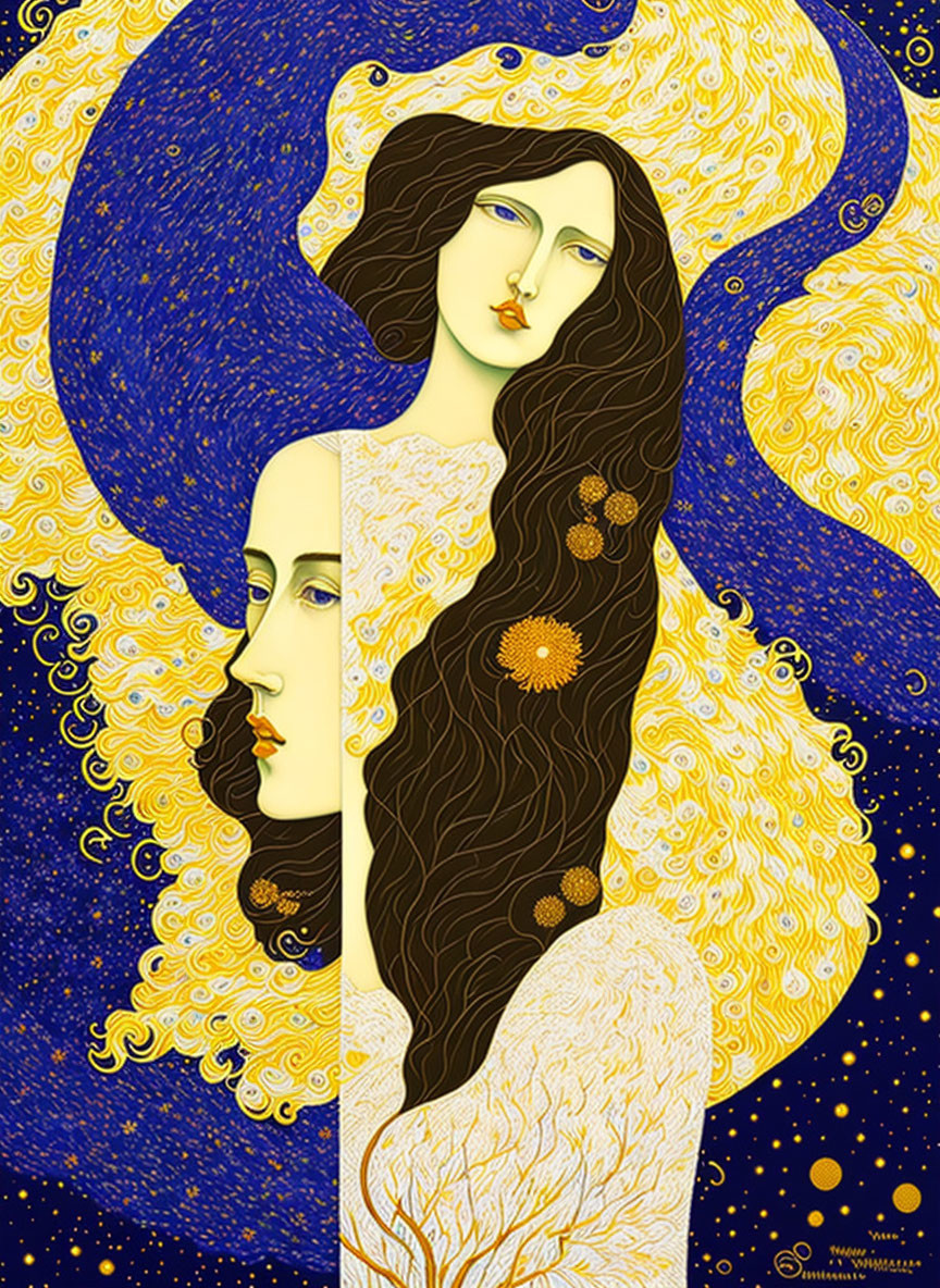 Stylized female figures in Van Gogh-inspired starry night setting