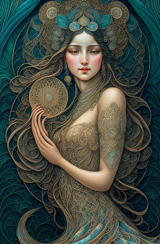 Detailed artwork of woman with golden tattoos and ornate headgear in teal swirls