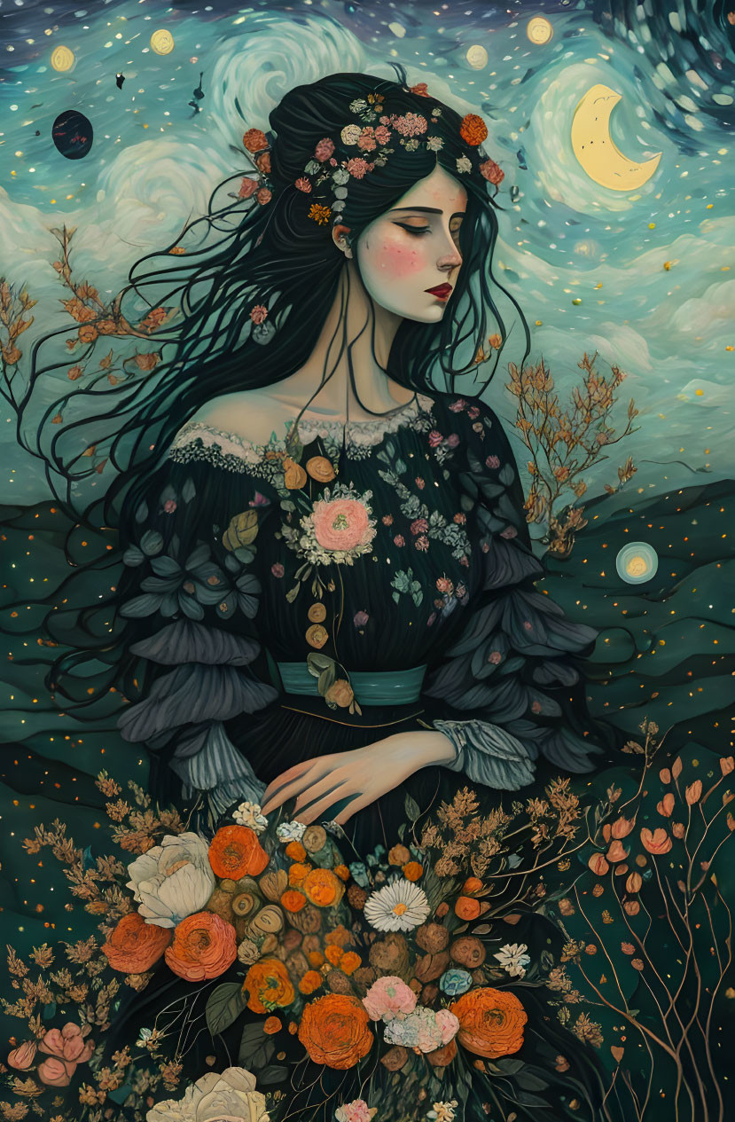 Illustrated woman with black hair in floral dress amid celestial motif