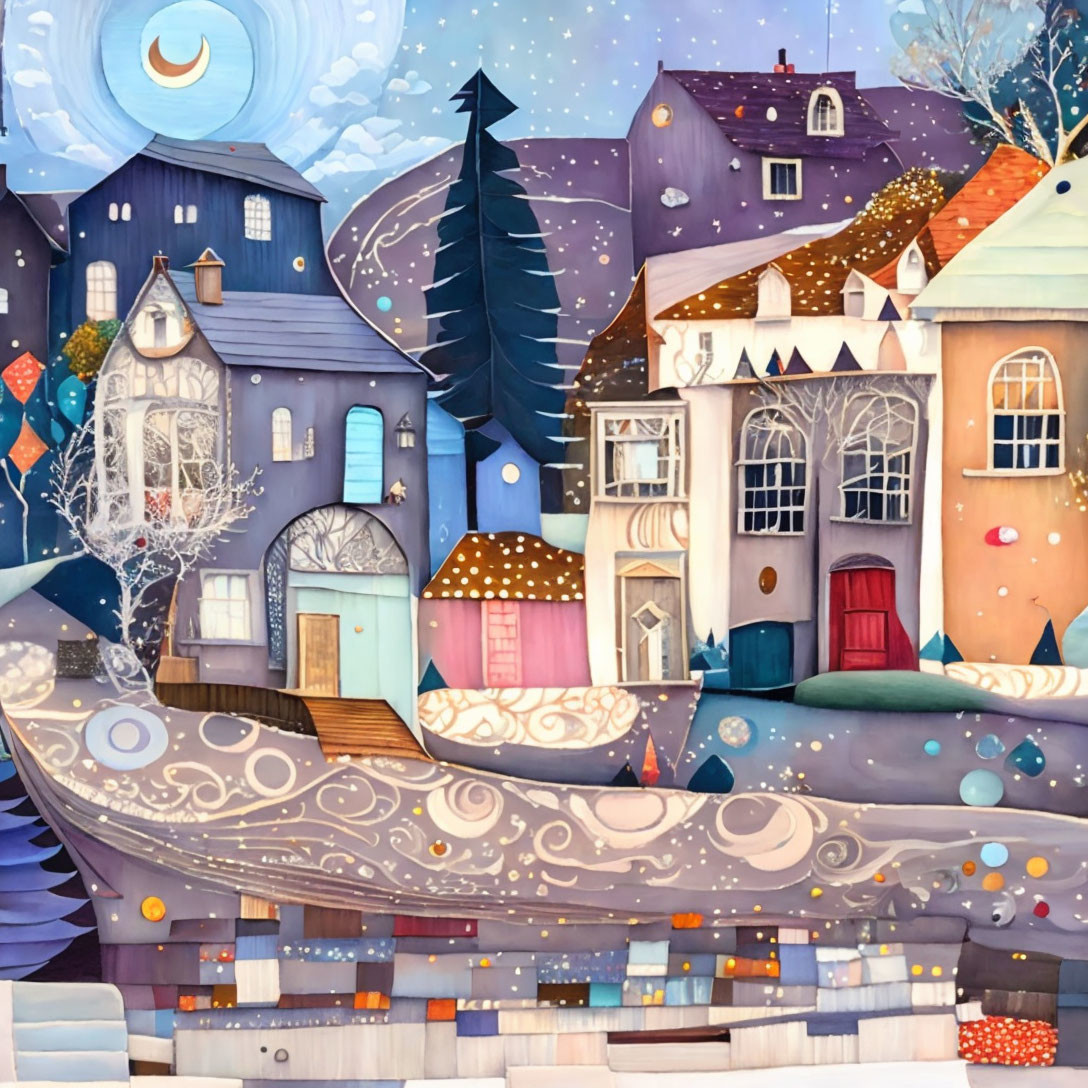 Colorful Stylized Houses Under Starry Sky - Crescent Moon & Boat