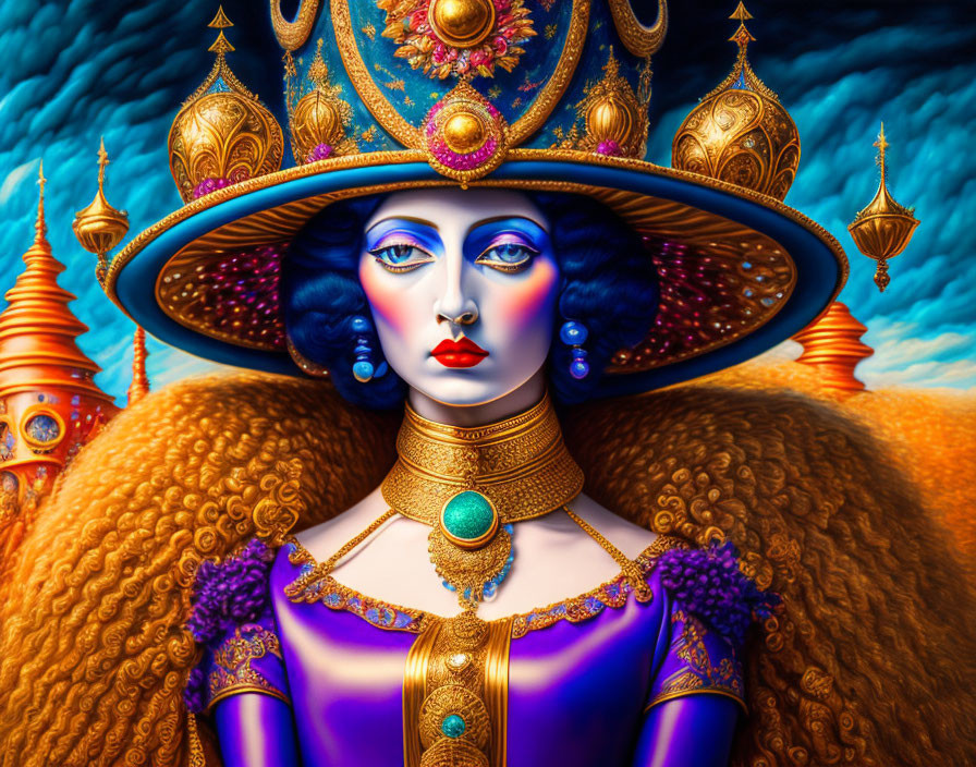 Illustrated portrait of regal woman with blue skin and golden headdress in fantastical setting