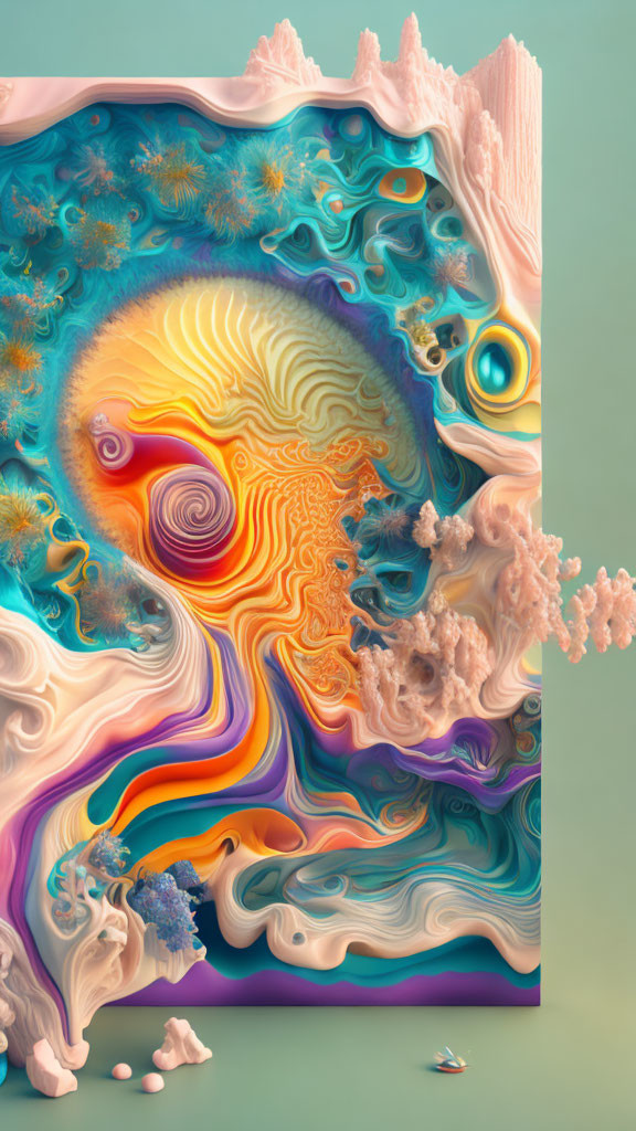 Colorful digital artwork: surreal landscape with marble-like patterns and small boat