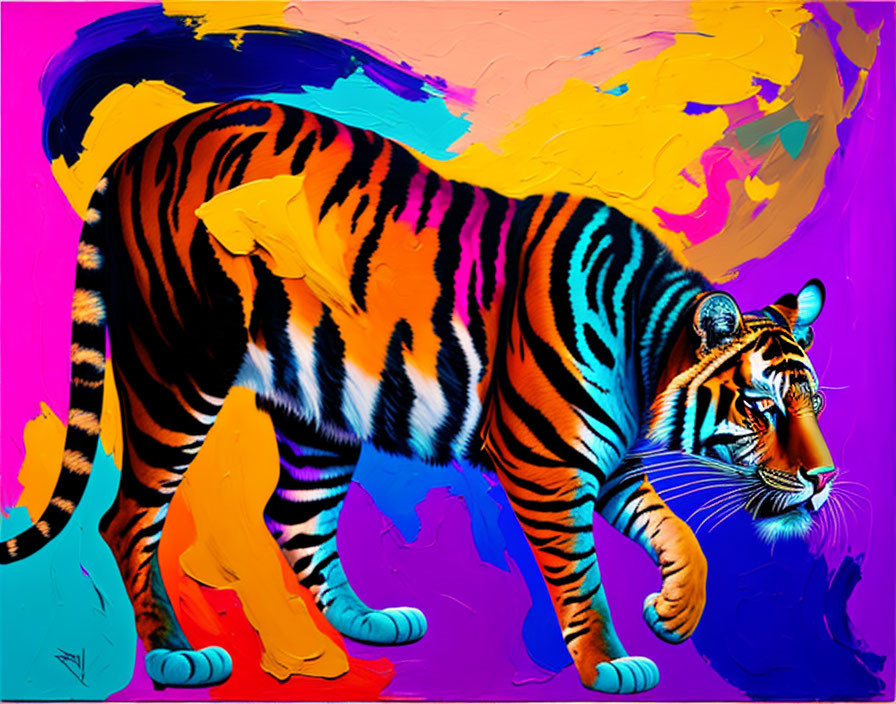 Vibrant multicolored paint-splattered tiger image