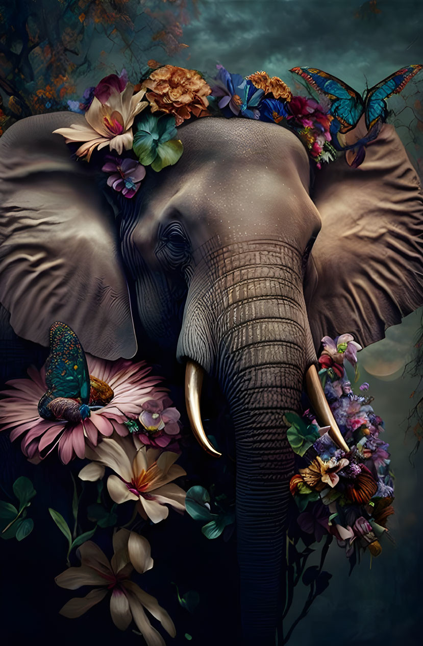 Vibrant flower and butterfly adorned elephant on dark mystical background