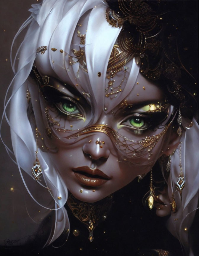 Detailed illustration of woman with white hair, gold jewelry, piercings, green eyes