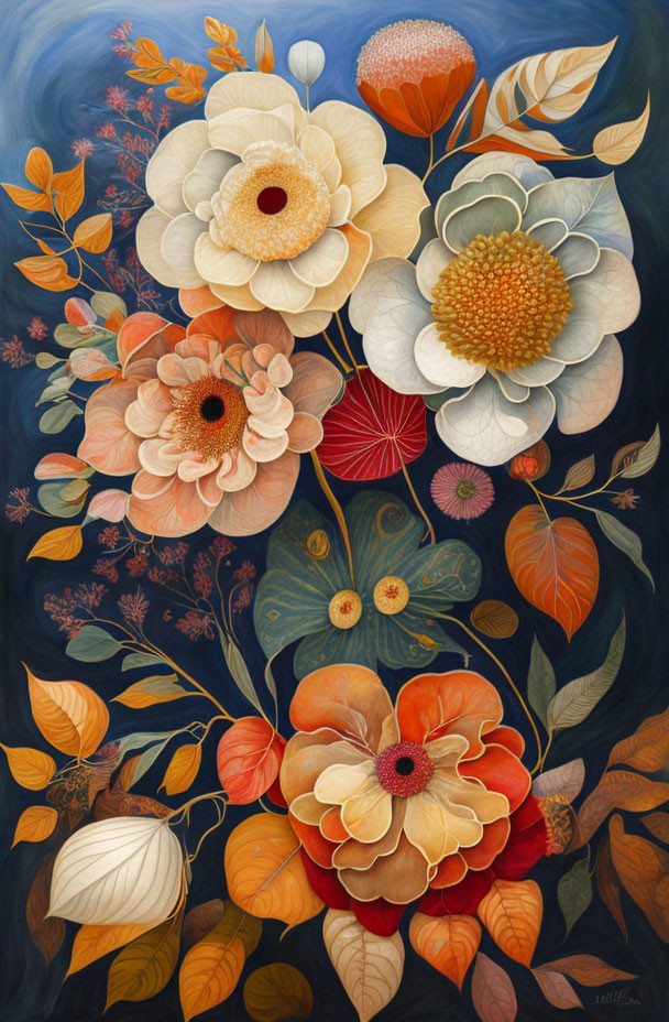 Colorful Floral Painting with Orange, Yellow, and White Flowers