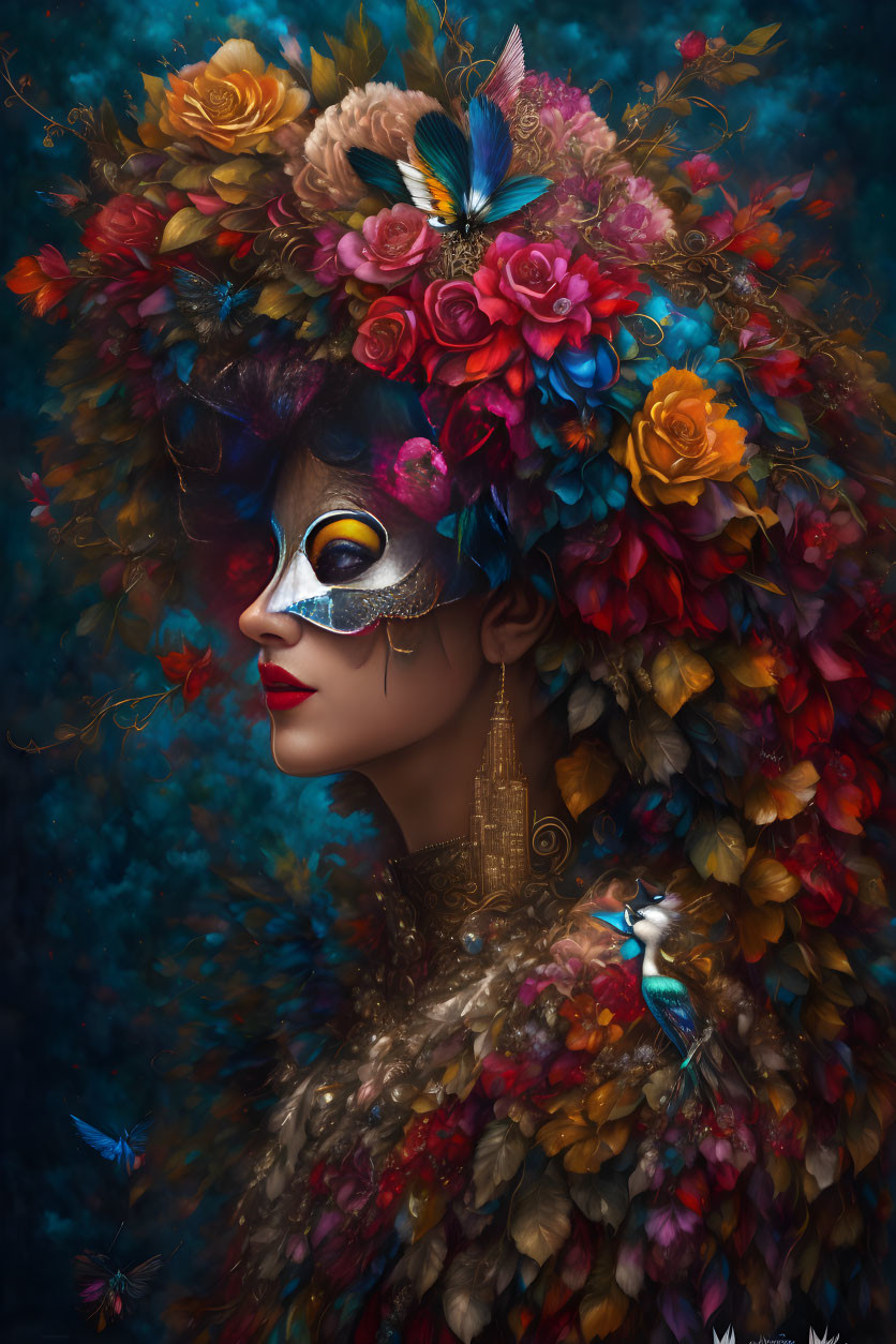 Colorful Woman in Floral Headdress with Masquerade Mask and Birds on Dark Blue Background