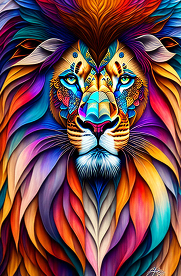 Colorful Lion Face with Intricate Patterns in Cool Blues to Warm Reds