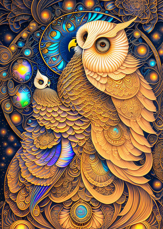 Detailed Artwork: Stylized Owls with Elaborate Feather Patterns on Cosmic Mandala Background