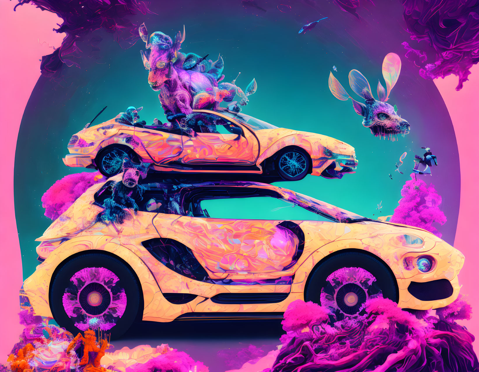 Colorful surreal artwork featuring stacked cars, goat-headed figures, winged bunnies, and fantast