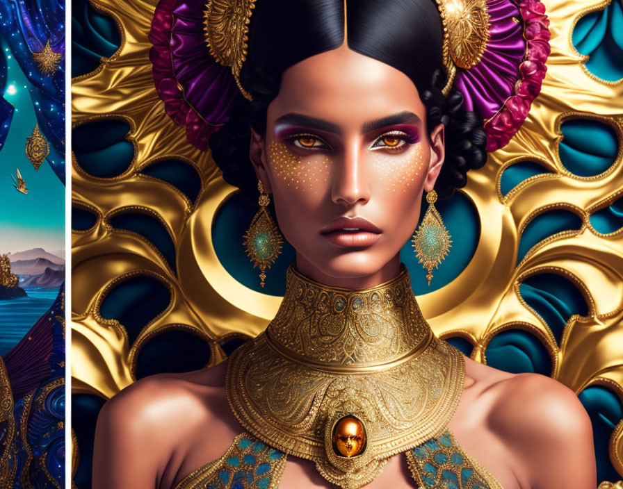 Digital artwork: Woman in regal attire with gold jewelry on luxurious fantasy backdrop