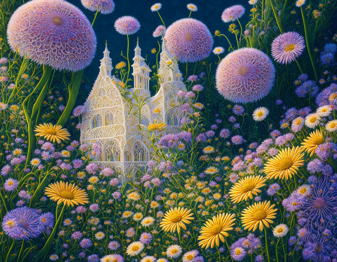 Fantastical castle painting with colorful flowers and starry night sky