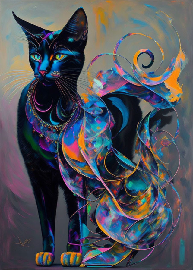 Colorful Artistic Illustration: Black Cat with Vibrant Swirling Patterns