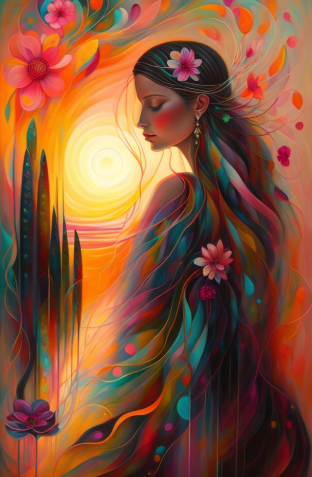 Colorful illustration: Woman with flowing hair and flowers on vibrant backdrop.