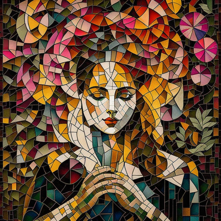 Colorful Geometric Floral Mosaic of Woman's Face