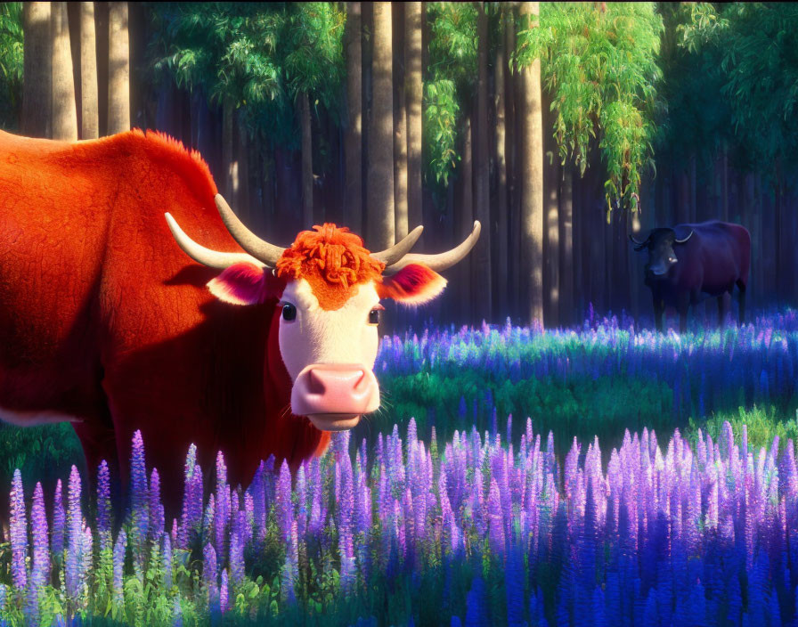 Red cow with horns in vibrant field among purple flowers, another cow in background by tall trees