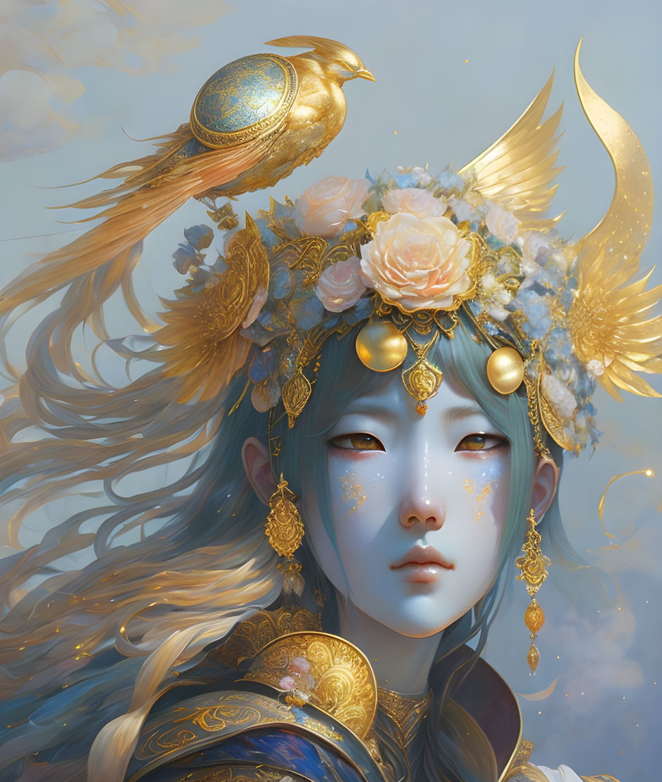 Ethereal woman with blue hair and bird-themed headdress and jewelry