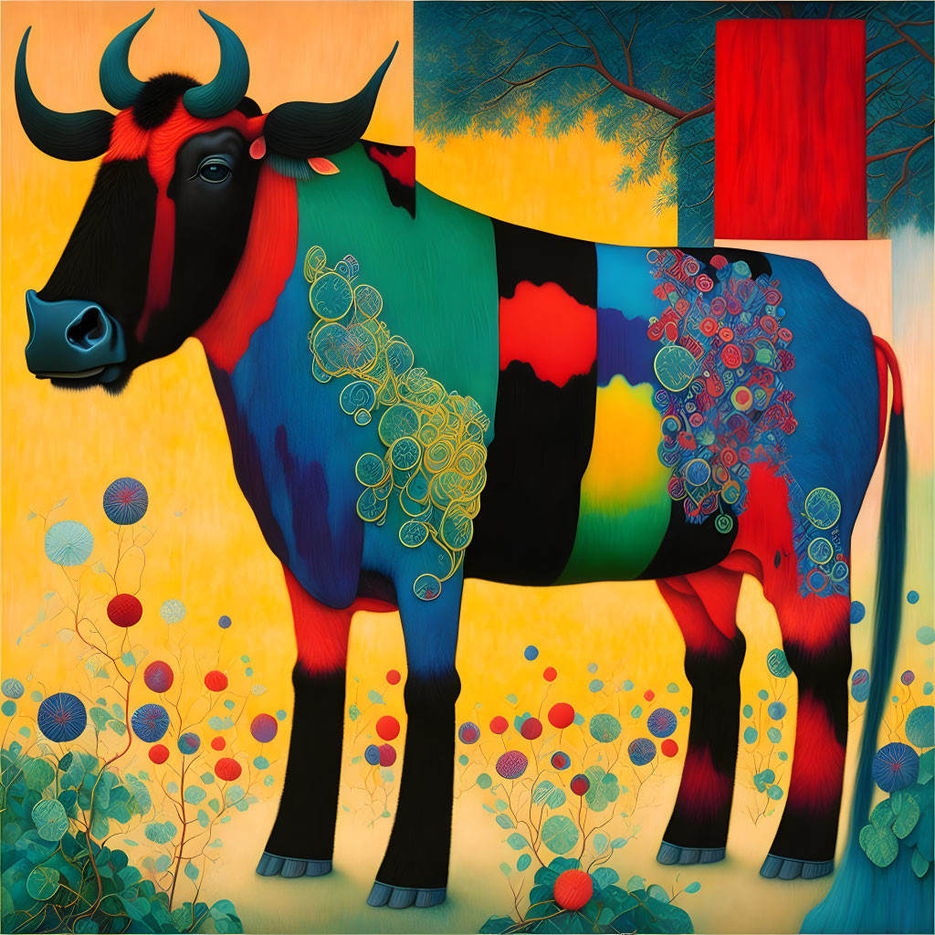 Colorful cow painting with patchwork pattern and floral motifs on tree and floral sphere background