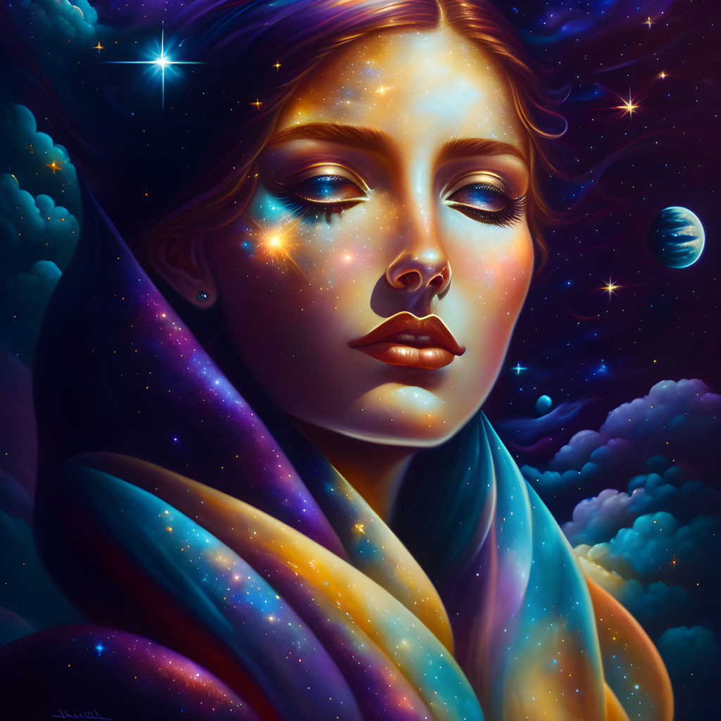 Surreal portrait of woman with cosmic features blending with starry nebula