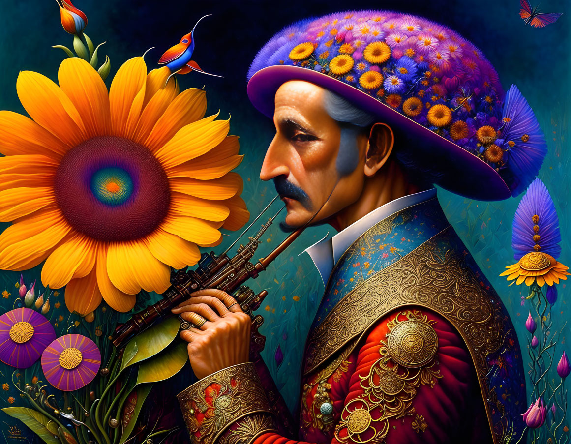 Vibrant illustration of a man with a mustache playing a flute in ornate attire amid flowers