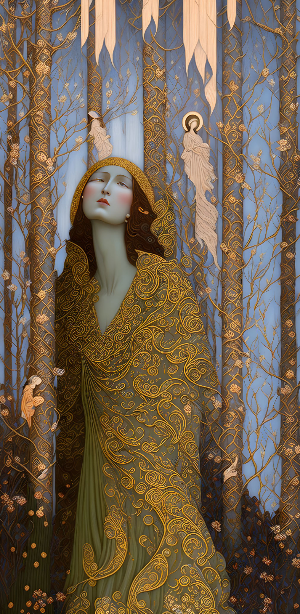 Ethereal woman in gold-patterned green robe among stylized trees at twilight