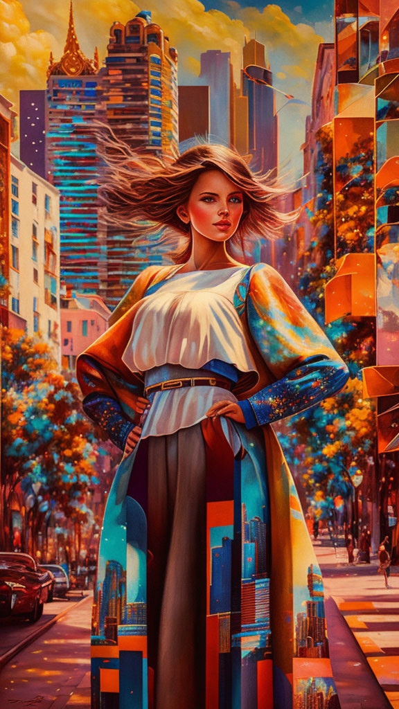 Colorful dress woman in surreal cityscape with floating cubes