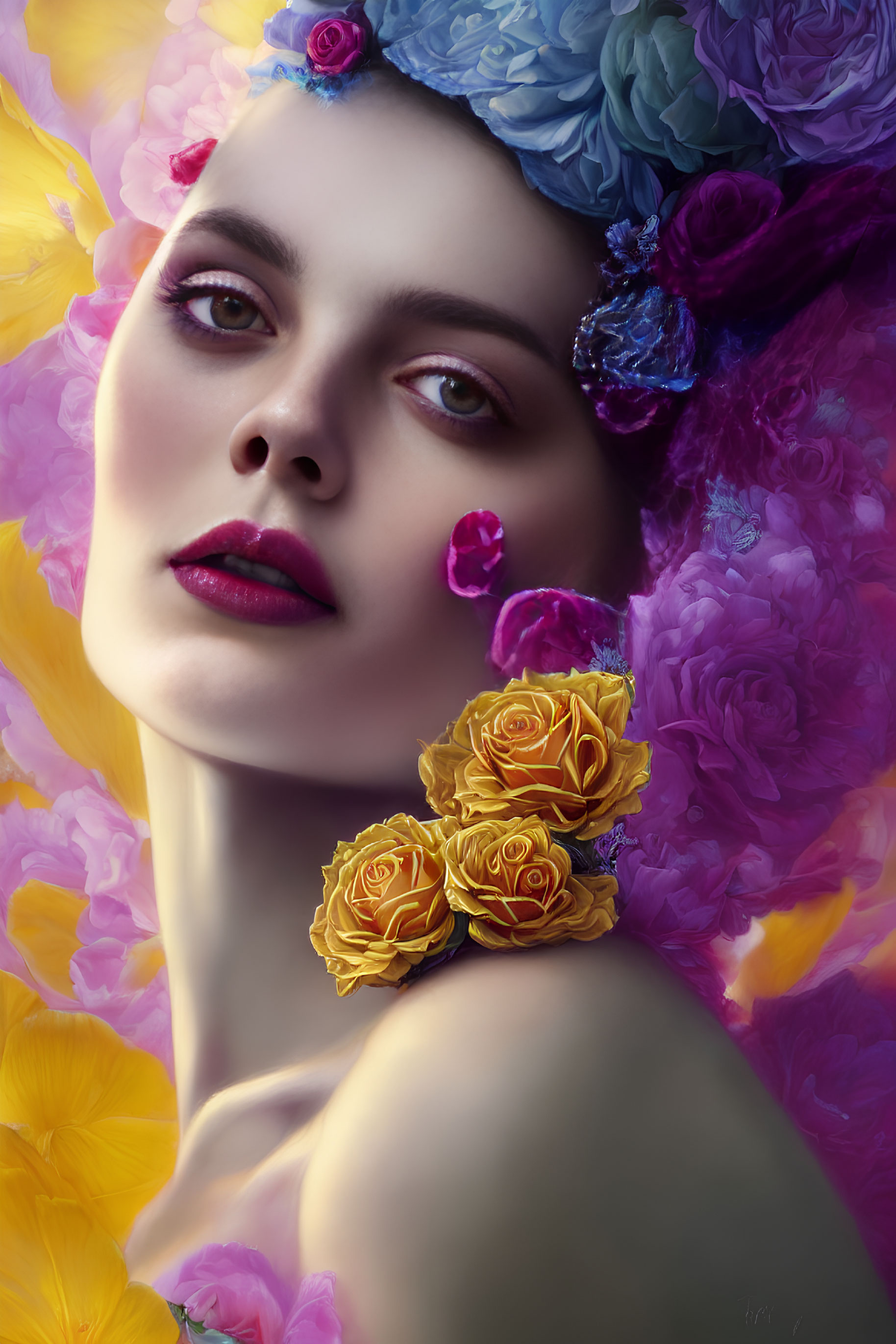 Colorful floral adornments on a woman against vibrant background