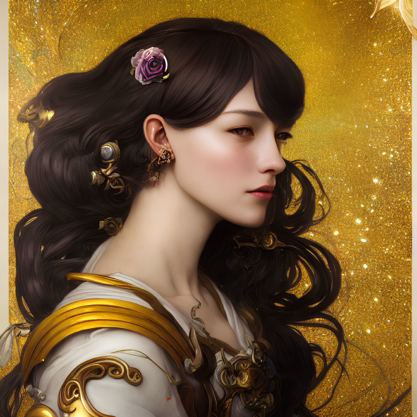 Portrait of Woman with Long Black Hair and Gold Accessories on Golden Background