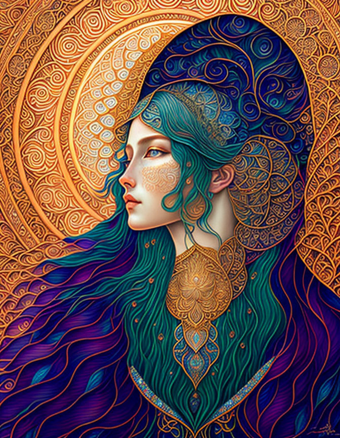 Teal-haired woman with gold patterns on mandala background