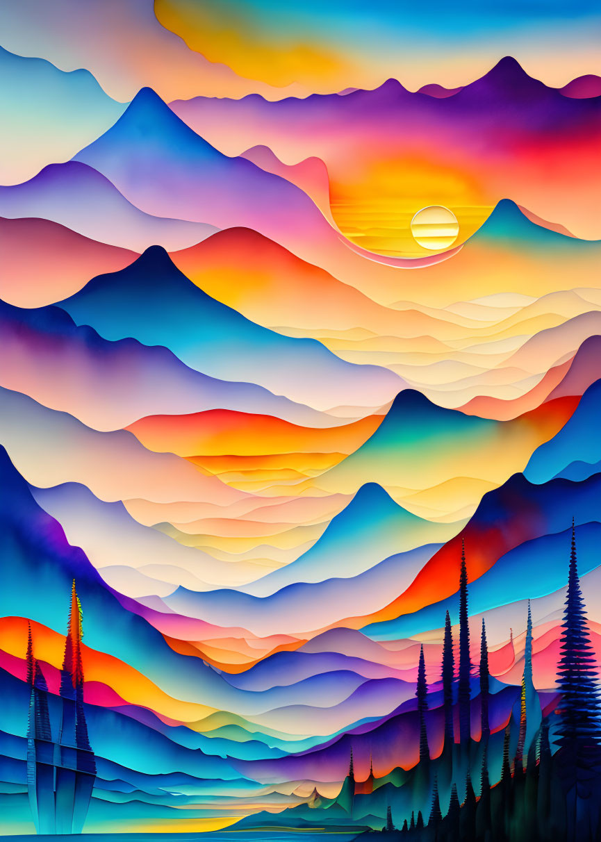 Colorful layered mountain painting with sunset and tree silhouettes