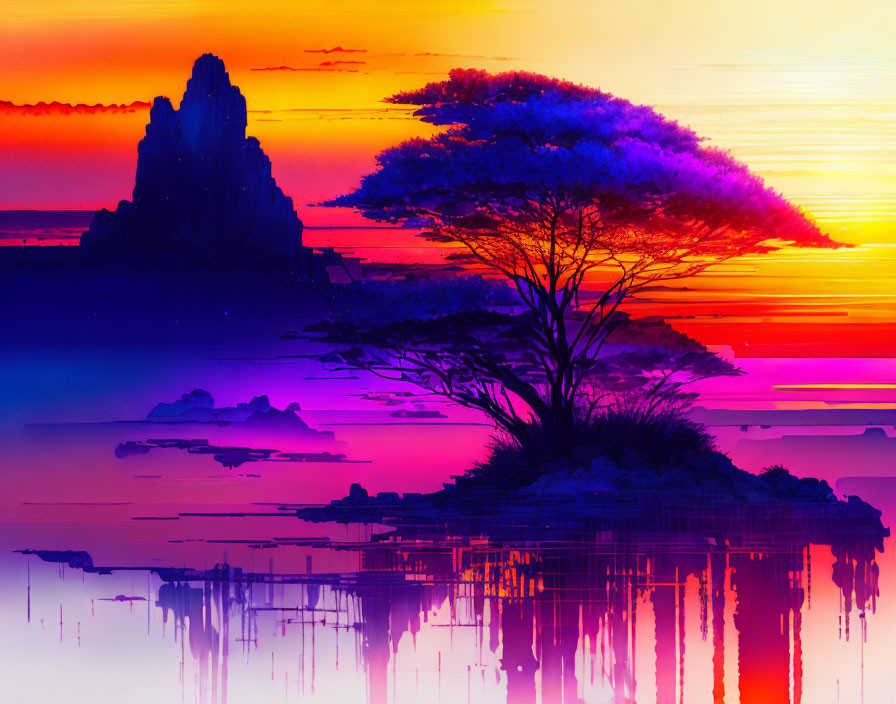 Serene landscape with tree, water reflection, colorful sunset