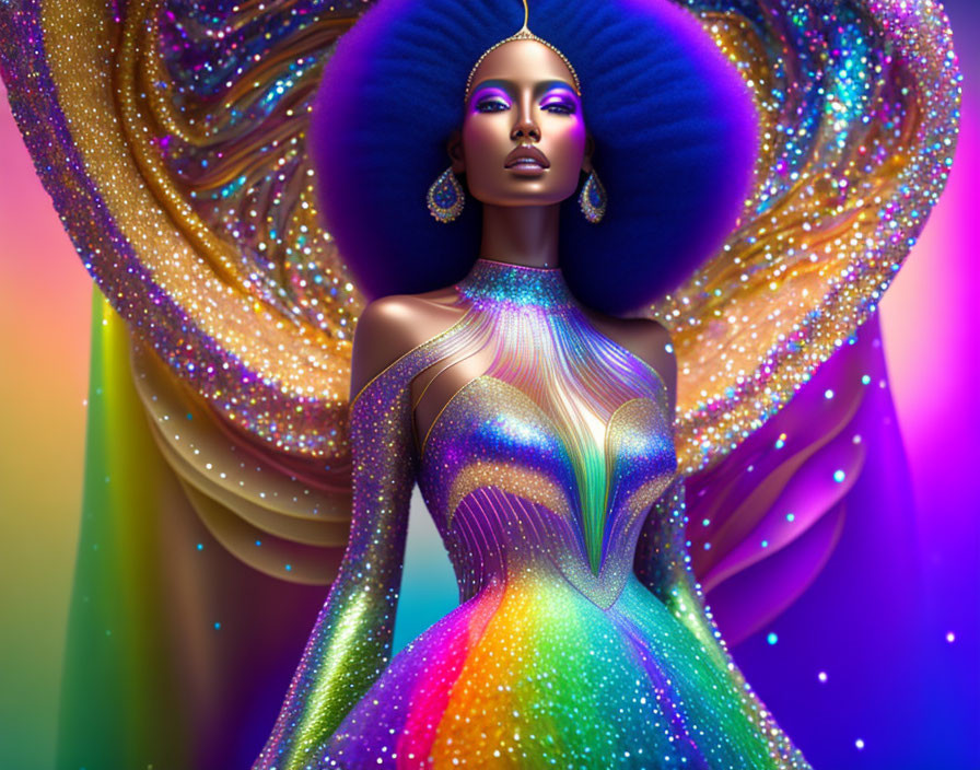 Vibrant digital art: Woman in elaborate headdress and rainbow dress on colorful backdrop