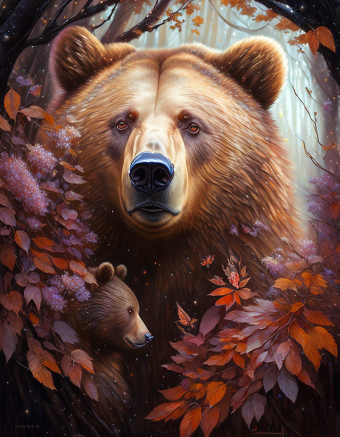 Brown bear and cub in autumn forest with glowing light