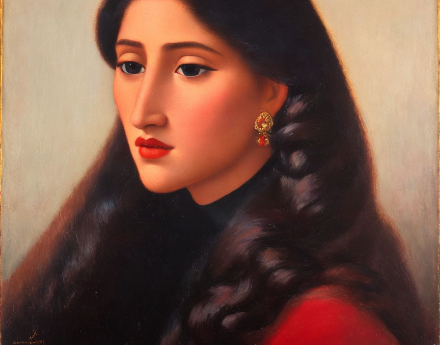 Realistic portrait of woman with long dark hair and red lips