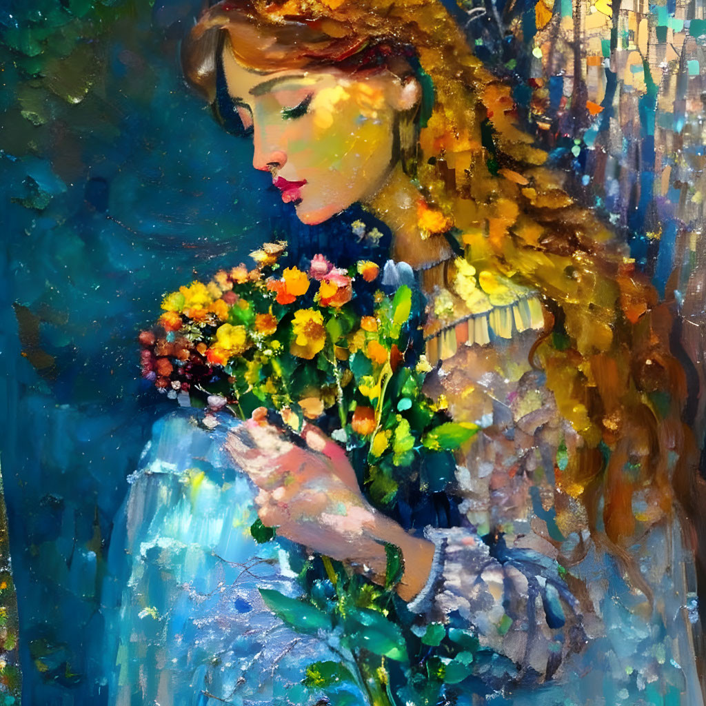 Colorful Impressionistic Painting of Woman with Bouquet