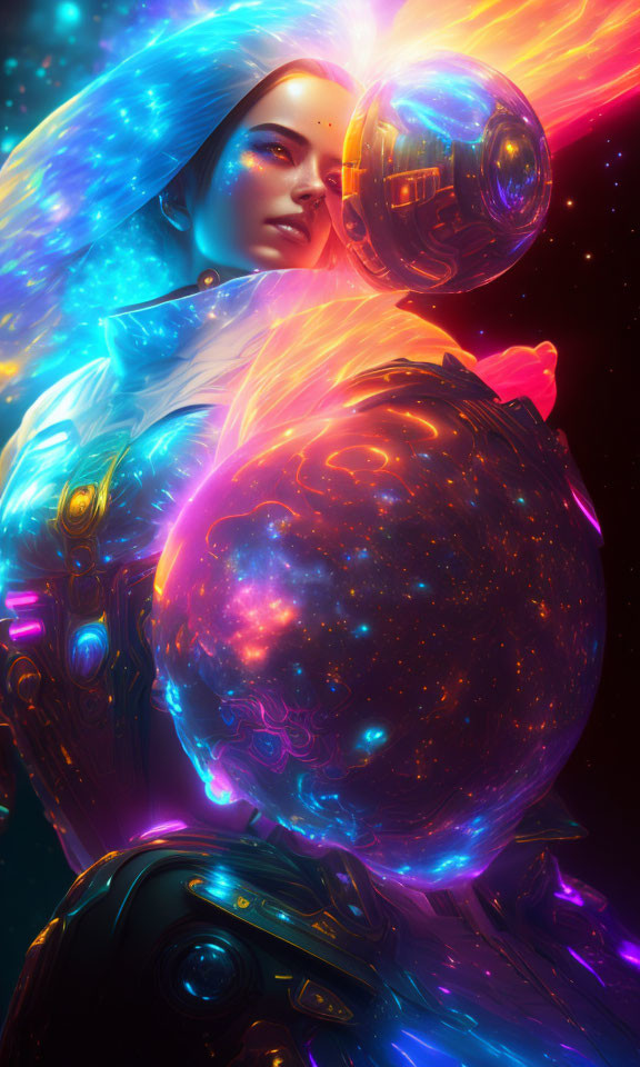 Futuristic woman with cosmic aura holding glowing orbs in starry background