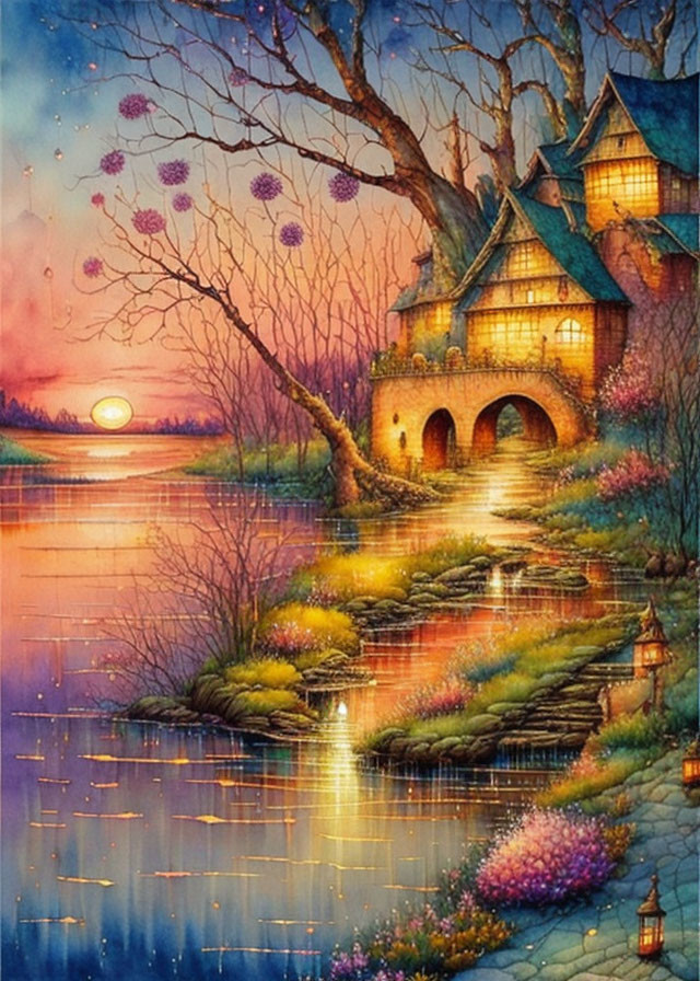 Whimsical painting of fairy-tale house by serene lake at sunset