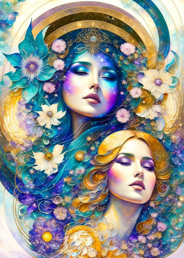 Ethereal female faces with intricate jewelry in vibrant floral cosmic illustration