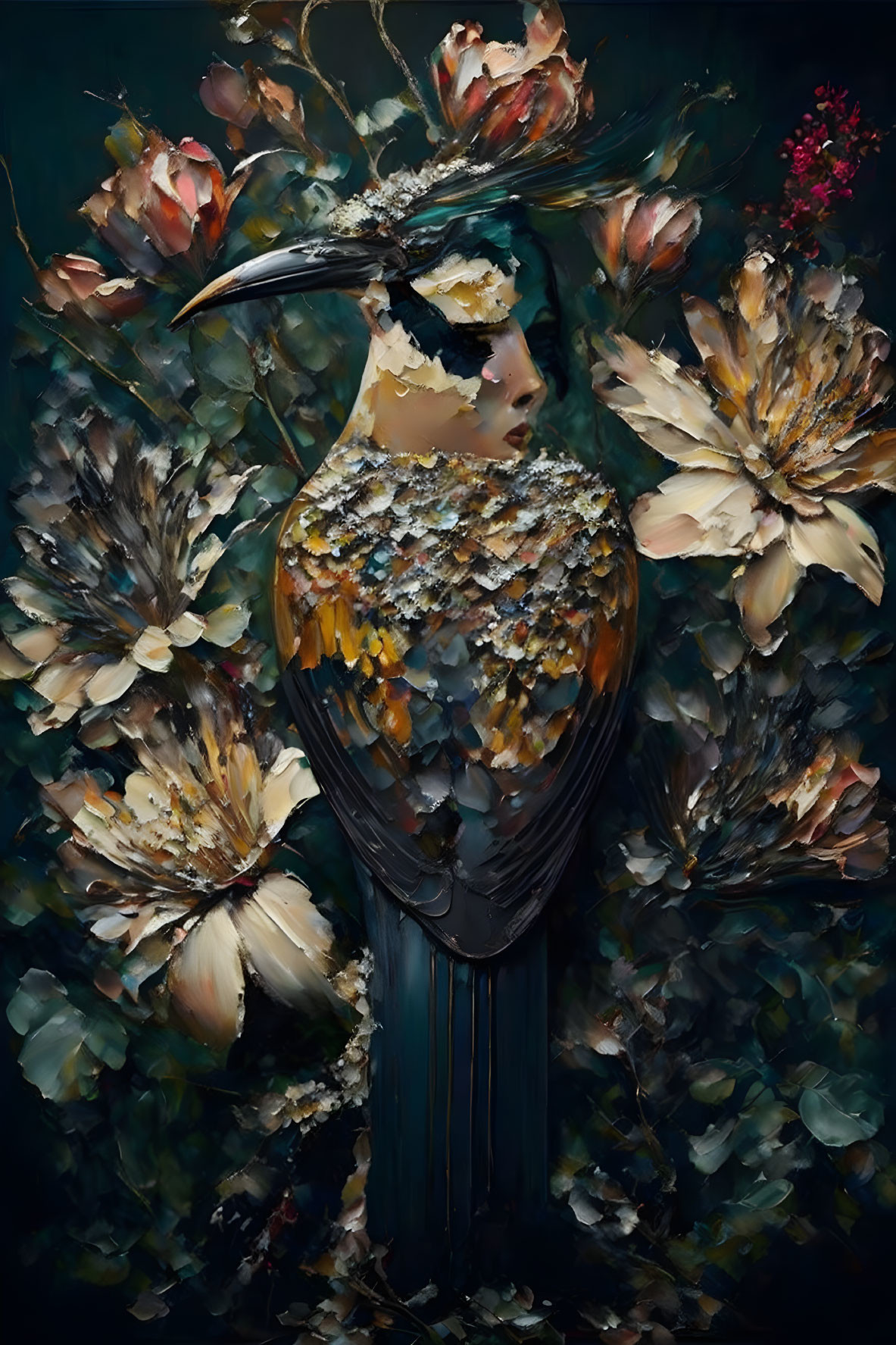 Surreal portrait of person with bird-like features in floral setting on dark background