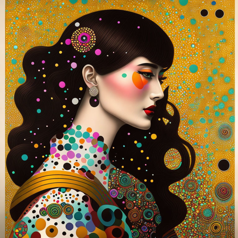 Vibrant woman illustration with dark hair and colorful makeup against psychedelic backdrop