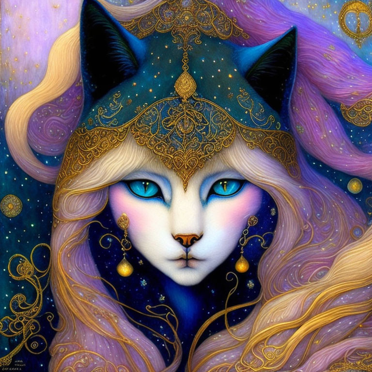 Mystical cat with blue and golden fur and celestial motifs on purple background