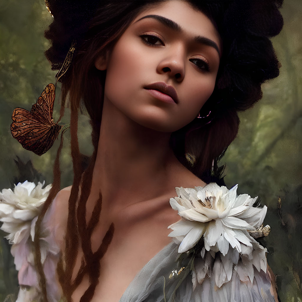 Woman portrait with flowers and butterfly, nature-inspired ambiance