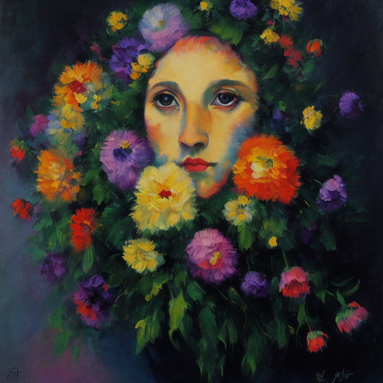 Colorful floral mane surrounds woman's face in painting