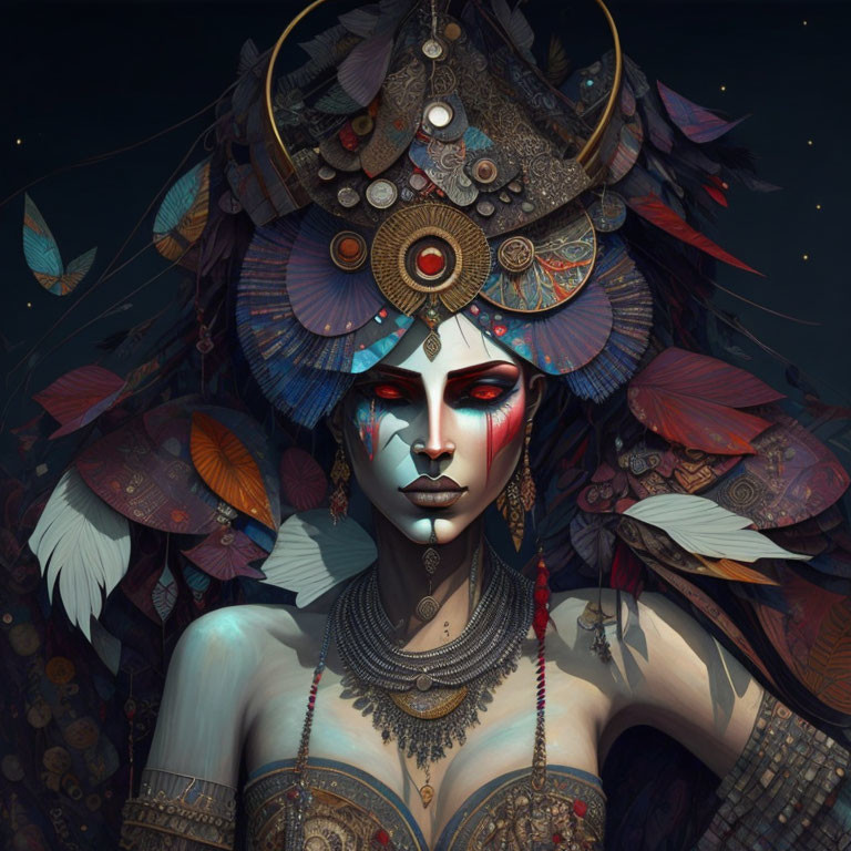 Elaborate Feathered Headgear and Intense Eyes in Striking Red Paint