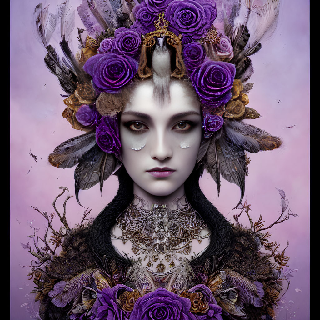 Portrait of a person with pale skin and dark eyes wearing a headdress of purple roses, feathers,