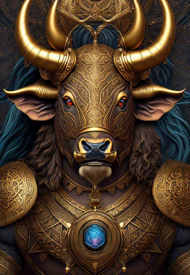 Detailed Illustration: Majestic Bull with Golden Ornate Head and Armor