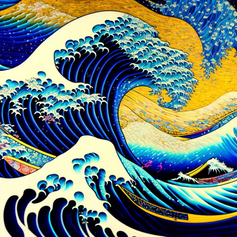 Colorful painting of waves and Mount Fuji with traditional and modern art elements