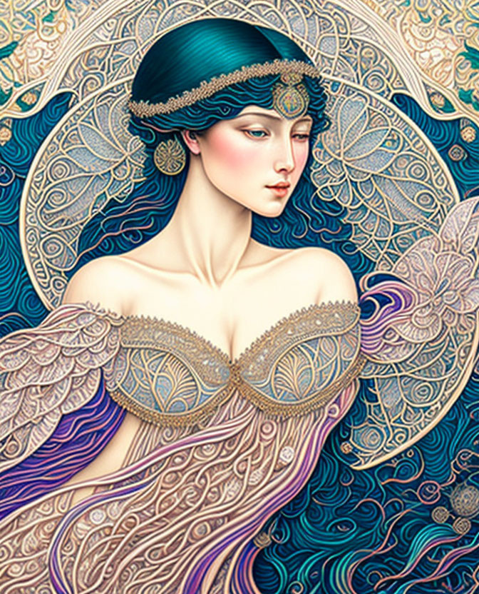 Art Nouveau style illustration of pale-skinned woman with bejeweled headband and patterned