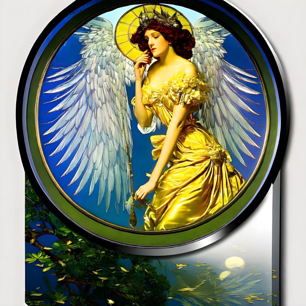 Golden halo angel with white wings in yellow robes on round frame